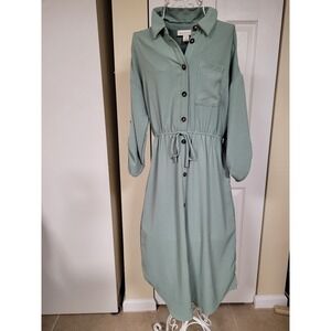Monteau Los Angeles Sage Green Button‎ Down Shirt Dress Drawstring Waist Size M